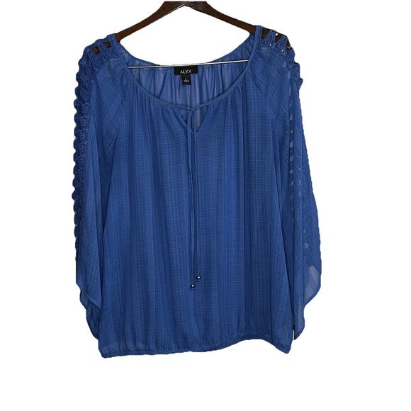 Alyx Peasant Blouse Blue Sheer Flowy Crochet Trim Quarter Sleeves Size Large - Picture 1 of 8